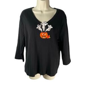 Onque Casuals Top Womens XL Black Cotton V-neck Halloween Ghost Applique